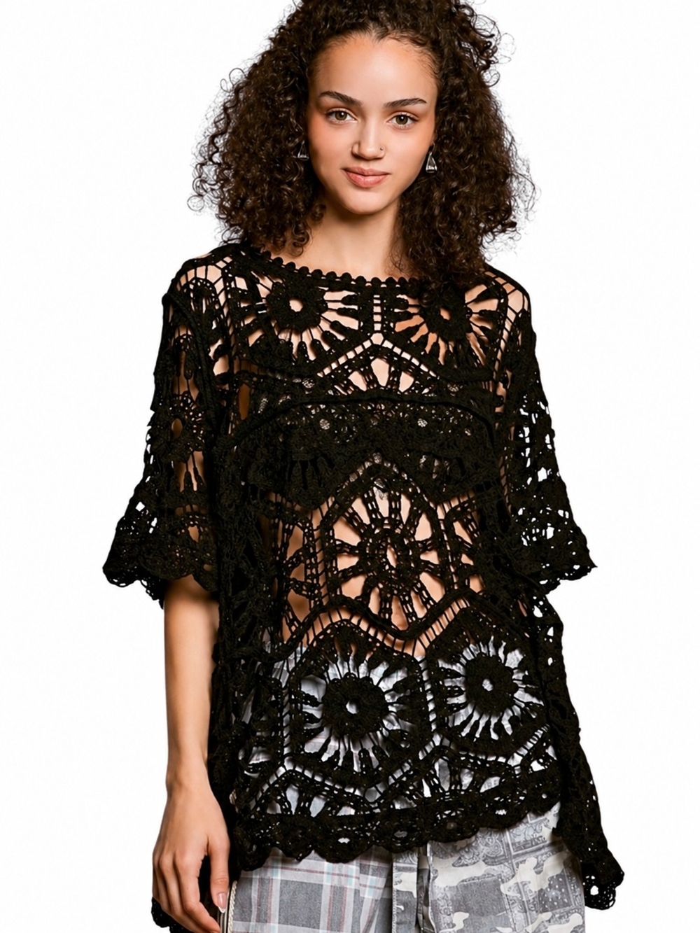 POL Black Crochet Boho Scalloped Top – One Size
